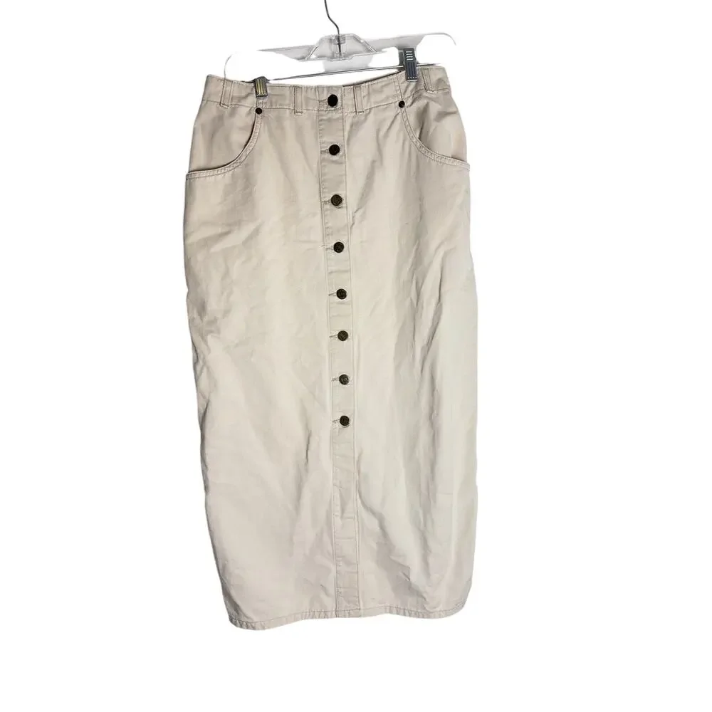 Vintage Eddie Bauer Button Front Canvas Maxi Skirt Women Size 12 Khaki Tan